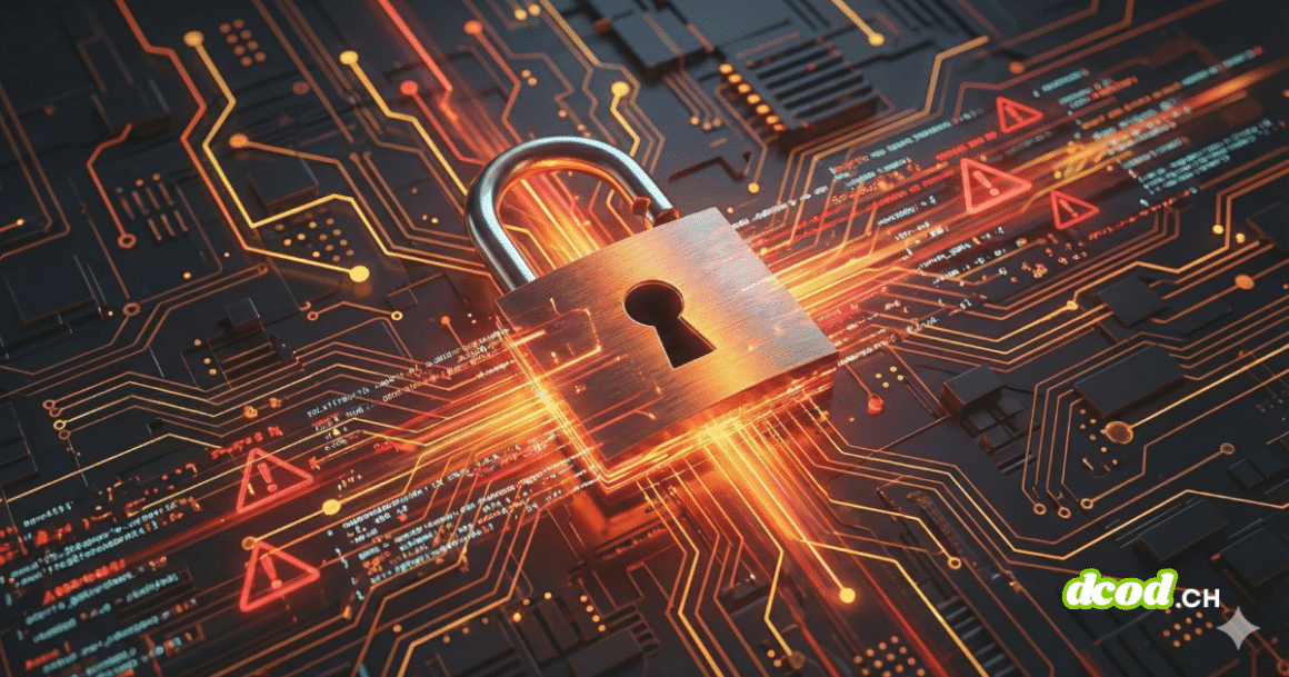 Illustration 3D pour la veille sur les vulnérabilités : un cadenas métallique ouvert est posé sur un circuit imprimé complexe. De vifs flux lumineux oranges et des triangles d'alerte rouges clignotants émanent du cadenas, symbolisant des failles de sécurité actives et des brèches dans un système informatique.