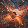 Illustration 3D pour la veille sur les vulnérabilités : un cadenas métallique ouvert est posé sur un circuit imprimé complexe. De vifs flux lumineux oranges et des triangles d'alerte rouges clignotants émanent du cadenas, symbolisant des failles de sécurité actives et des brèches dans un système informatique.