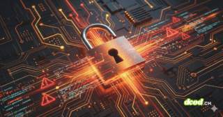 Illustration 3D pour la veille sur les vulnérabilités : un cadenas métallique ouvert est posé sur un circuit imprimé complexe. De vifs flux lumineux oranges et des triangles d'alerte rouges clignotants émanent du cadenas, symbolisant des failles de sécurité actives et des brèches dans un système informatique.