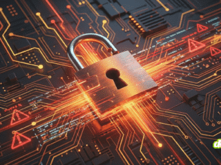 Illustration 3D pour la veille sur les vulnérabilités : un cadenas métallique ouvert est posé sur un circuit imprimé complexe. De vifs flux lumineux oranges et des triangles d'alerte rouges clignotants émanent du cadenas, symbolisant des failles de sécurité actives et des brèches dans un système informatique.