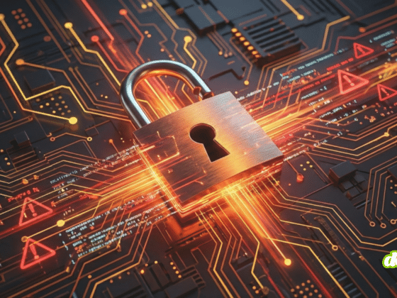 Illustration 3D pour la veille sur les vulnérabilités : un cadenas métallique ouvert est posé sur un circuit imprimé complexe. De vifs flux lumineux oranges et des triangles d'alerte rouges clignotants émanent du cadenas, symbolisant des failles de sécurité actives et des brèches dans un système informatique.