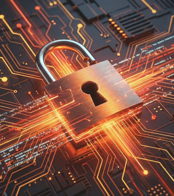 Illustration 3D pour la veille sur les vulnérabilités : un cadenas métallique ouvert est posé sur un circuit imprimé complexe. De vifs flux lumineux oranges et des triangles d'alerte rouges clignotants émanent du cadenas, symbolisant des failles de sécurité actives et des brèches dans un système informatique.