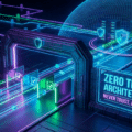 Illustration 3D futuriste symbolisant l'architecture Zero Trust, montrant des portiques de sécurité numérique filtrant des flux de données.