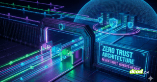 Illustration 3D futuriste symbolisant l'architecture Zero Trust, montrant des portiques de sécurité numérique filtrant des flux de données.