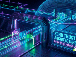 Illustration 3D futuriste symbolisant l'architecture Zero Trust, montrant des portiques de sécurité numérique filtrant des flux de données.