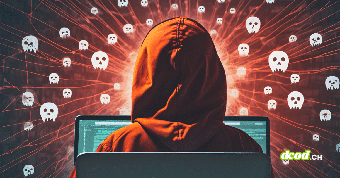 Une personne encapuchonnée vue de dos utilise un ordinateur, tandis que des icônes de crânes et des lignes rouges symbolisent un réseau de malwares ou de botnet actif.