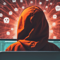 Une personne encapuchonnée vue de dos utilise un ordinateur, tandis que des icônes de crânes et des lignes rouges symbolisent un réseau de malwares ou de botnet actif.