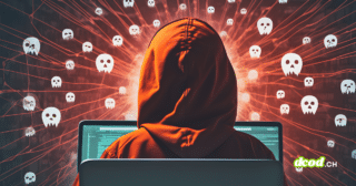 Une personne encapuchonnée vue de dos utilise un ordinateur, tandis que des icônes de crânes et des lignes rouges symbolisent un réseau de malwares ou de botnet actif.