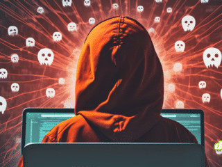 Une personne encapuchonnée vue de dos utilise un ordinateur, tandis que des icônes de crânes et des lignes rouges symbolisent un réseau de malwares ou de botnet actif.