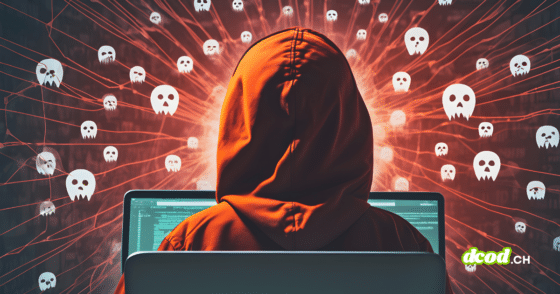 Une personne encapuchonnée vue de dos utilise un ordinateur, tandis que des icônes de crânes et des lignes rouges symbolisent un réseau de malwares ou de botnet actif.