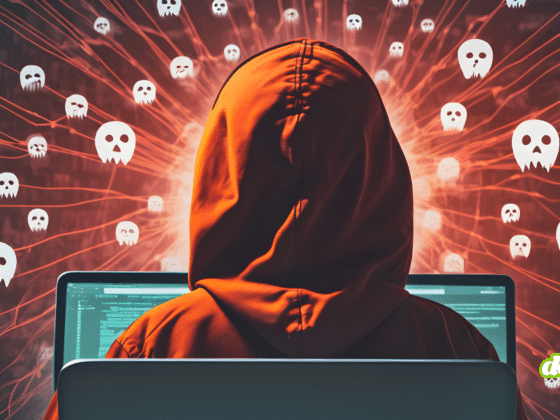 Une personne encapuchonnée vue de dos utilise un ordinateur, tandis que des icônes de crânes et des lignes rouges symbolisent un réseau de malwares ou de botnet actif.