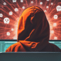 Une personne encapuchonnée vue de dos utilise un ordinateur, tandis que des icônes de crânes et des lignes rouges symbolisent un réseau de malwares ou de botnet actif.