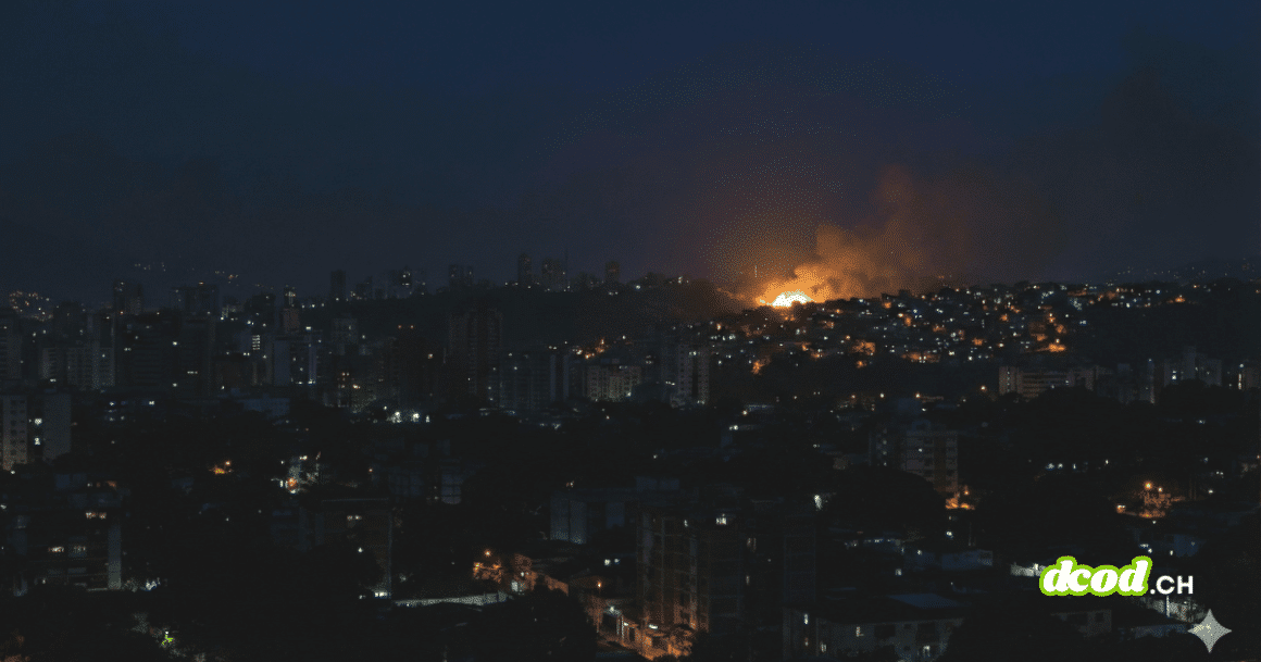 Une photographie nocturne d'un panorama urbain où la plupart des bâtiments sont plongés dans l'obscurité, avec seulement quelques lumières éparses visibles aux fenêtres et dans les rues. Au loin, sur une colline, un important incendie est en cours, dégageant une vive lueur orange et un panache de fumée qui s'élève dans le ciel sombre. Les silhouettes des immeubles se découpent contre le ciel nocturne et la lumière du feu.