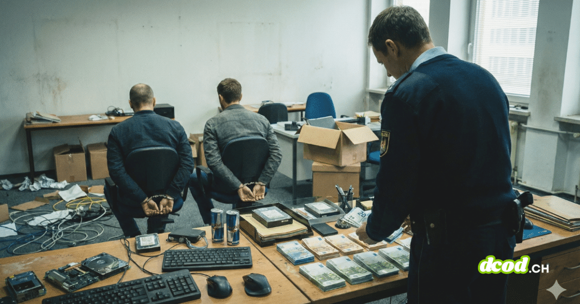 Un policier compte des liasses de billets en euros sur un bureau devant deux hommes menottés dans un bureau en désordre.