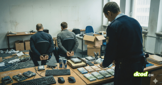 Un policier compte des liasses de billets en euros sur un bureau devant deux hommes menottés dans un bureau en désordre.