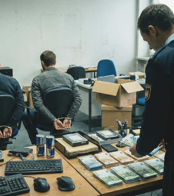 Un policier compte des liasses de billets en euros sur un bureau devant deux hommes menottés dans un bureau en désordre.