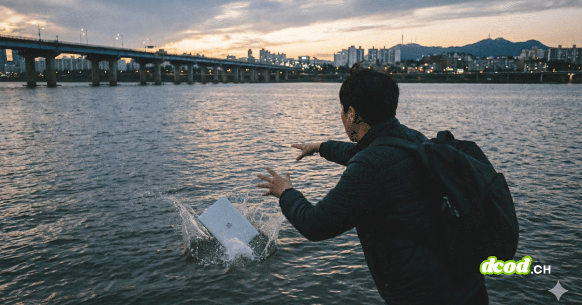 Une photographie au crépuscule montre une personne vue de dos, portant un blouson sombre et un sac à dos, qui vient de jeter un ordinateur portable argenté dans une large rivière. Le MacBook fait éclabousser l'eau au premier plan. En arrière-plan, un pont illuminé traverse le fleuve, et la silhouette de la ville de Séoul, avec la N Seoul Tower visible, se découpe contre un ciel nuageux aux teintes oranges et bleues. L'atmosphère est sombre et dramatique.