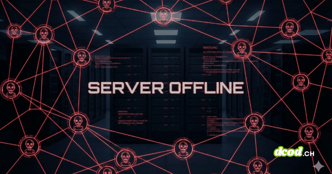 Une vue d'une salle de serveurs sombre recouverte d'un réseau numérique rouge représentant le botnet Kimwolf, avec des icônes de crânes stylisés et l'inscription lumineuse 'SERVER OFFLINE' au centre.