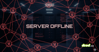 Une vue d'une salle de serveurs sombre recouverte d'un réseau numérique rouge représentant le botnet Kimwolf, avec des icônes de crânes stylisés et l'inscription lumineuse 'SERVER OFFLINE' au centre.