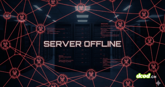Une vue d'une salle de serveurs sombre recouverte d'un réseau numérique rouge représentant le botnet Kimwolf, avec des icônes de crânes stylisés et l'inscription lumineuse 'SERVER OFFLINE' au centre.