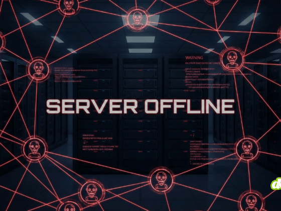 Une vue d'une salle de serveurs sombre recouverte d'un réseau numérique rouge représentant le botnet Kimwolf, avec des icônes de crânes stylisés et l'inscription lumineuse 'SERVER OFFLINE' au centre.