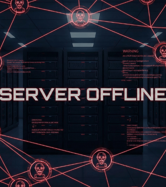 Une vue d'une salle de serveurs sombre recouverte d'un réseau numérique rouge représentant le botnet Kimwolf, avec des icônes de crânes stylisés et l'inscription lumineuse 'SERVER OFFLINE' au centre.