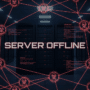 Une vue d'une salle de serveurs sombre recouverte d'un réseau numérique rouge représentant le botnet Kimwolf, avec des icônes de crânes stylisés et l'inscription lumineuse 'SERVER OFFLINE' au centre.