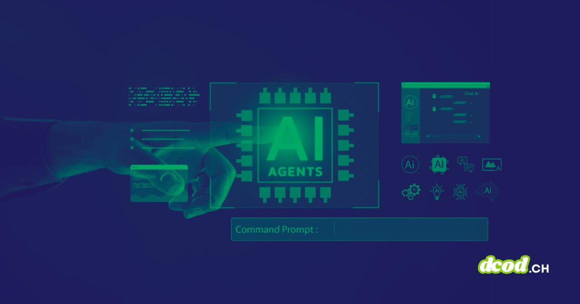 Graphisme conceptuel représentant l'automatisation de l'intelligence artificielle. Une main pointe vers un processeur central "AI AGENTS", illustrant l'utilisation de bots et d'agents IA dans les processus numériques, de la cybersécurité et de la cybercriminalité.