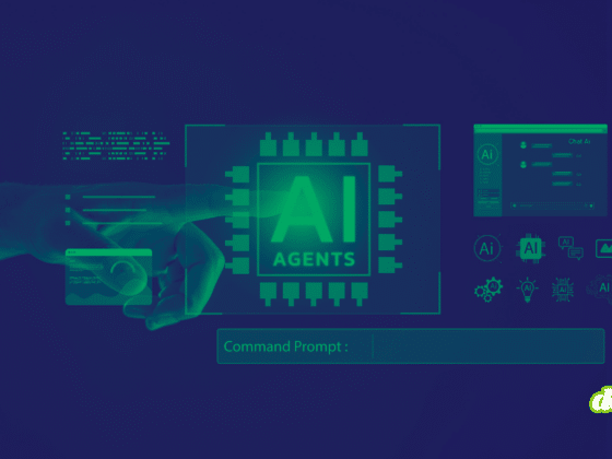 Graphisme conceptuel représentant l'automatisation de l'intelligence artificielle. Une main pointe vers un processeur central "AI AGENTS", illustrant l'utilisation de bots et d'agents IA dans les processus numériques, de la cybersécurité et de la cybercriminalité.