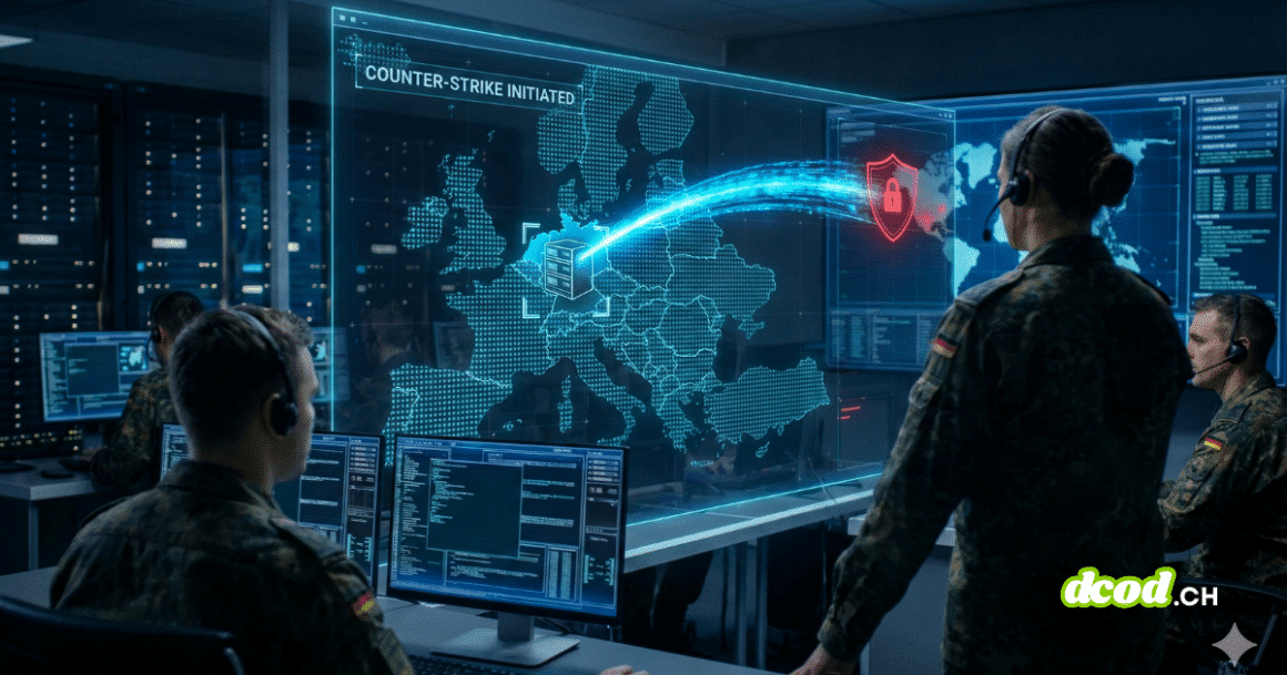 Opérateurs militaires allemands dans un centre de cyberdéfense face à un grand écran holographique affichant une carte de l'Europe. Un flux de données bleu part de l'Allemagne pour neutraliser une cible, avec le texte "COUNTER-STRIKE INITIATED" visible. L'image illustre une opération de cyber-riposte (hack-back).