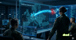 Opérateurs militaires allemands dans un centre de cyberdéfense face à un grand écran holographique affichant une carte de l'Europe. Un flux de données bleu part de l'Allemagne pour neutraliser une cible, avec le texte "COUNTER-STRIKE INITIATED" visible. L'image illustre une opération de cyber-riposte (hack-back).