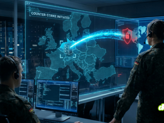 Opérateurs militaires allemands dans un centre de cyberdéfense face à un grand écran holographique affichant une carte de l'Europe. Un flux de données bleu part de l'Allemagne pour neutraliser une cible, avec le texte "COUNTER-STRIKE INITIATED" visible. L'image illustre une opération de cyber-riposte (hack-back).