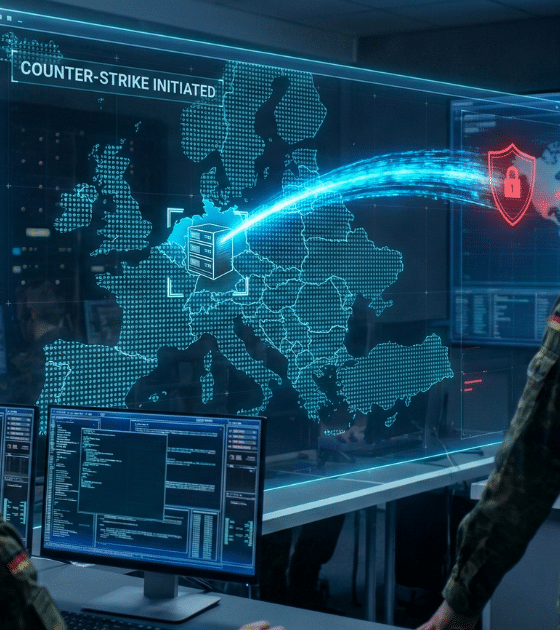 Opérateurs militaires allemands dans un centre de cyberdéfense face à un grand écran holographique affichant une carte de l'Europe. Un flux de données bleu part de l'Allemagne pour neutraliser une cible, avec le texte "COUNTER-STRIKE INITIATED" visible. L'image illustre une opération de cyber-riposte (hack-back).