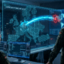Opérateurs militaires allemands dans un centre de cyberdéfense face à un grand écran holographique affichant une carte de l'Europe. Un flux de données bleu part de l'Allemagne pour neutraliser une cible, avec le texte "COUNTER-STRIKE INITIATED" visible. L'image illustre une opération de cyber-riposte (hack-back).