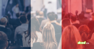 Illustration d'un événement professionnel ou d'une conférence de cybersécurité en France, public assis sous un filtre tricolore avec logo dcod.ch