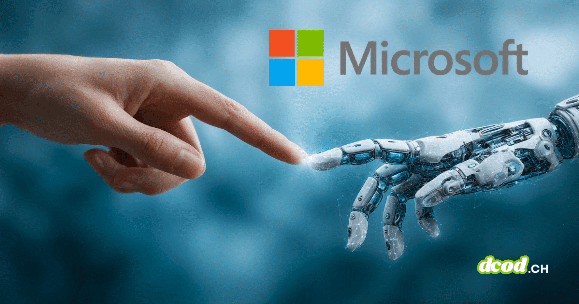 Illustration symbolisant l'alliance entre l'humain et l'IA chez Microsoft pour la cybersécurité : un index humain rencontre celui d'une main robotique futuriste rétroéclairée, évoquant la création de Michel-Ange. Le logo Microsoft est visible en arrière-plan sur un fond bleu technologique abstrait, illustrant les priorités de l'IA pour blinder la défense numérique.