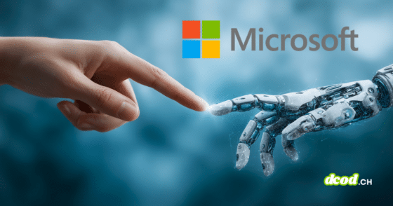 Illustration symbolisant l'alliance entre l'humain et l'IA chez Microsoft pour la cybersécurité : un index humain rencontre celui d'une main robotique futuriste rétroéclairée, évoquant la création de Michel-Ange. Le logo Microsoft est visible en arrière-plan sur un fond bleu technologique abstrait, illustrant les priorités de l'IA pour blinder la défense numérique.