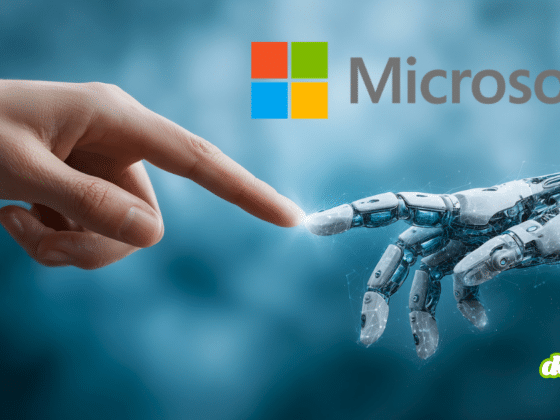 Illustration symbolisant l'alliance entre l'humain et l'IA chez Microsoft pour la cybersécurité : un index humain rencontre celui d'une main robotique futuriste rétroéclairée, évoquant la création de Michel-Ange. Le logo Microsoft est visible en arrière-plan sur un fond bleu technologique abstrait, illustrant les priorités de l'IA pour blinder la défense numérique.