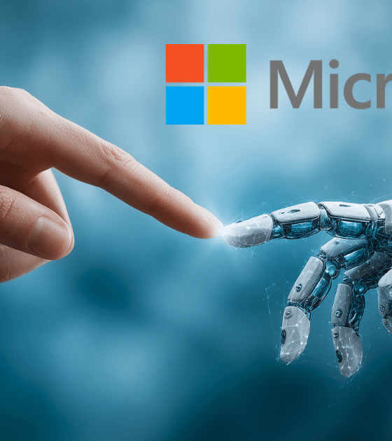 Illustration symbolisant l'alliance entre l'humain et l'IA chez Microsoft pour la cybersécurité : un index humain rencontre celui d'une main robotique futuriste rétroéclairée, évoquant la création de Michel-Ange. Le logo Microsoft est visible en arrière-plan sur un fond bleu technologique abstrait, illustrant les priorités de l'IA pour blinder la défense numérique.