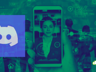 Illustration montrant le logo de Discord à côté d'un smartphone affichant une interface de scan facial et de reconnaissance biométrique, sur un fond numérique vert composé de silhouettes et de données.
