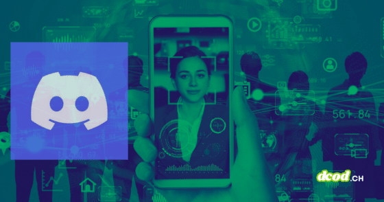 Illustration montrant le logo de Discord à côté d'un smartphone affichant une interface de scan facial et de reconnaissance biométrique, sur un fond numérique vert composé de silhouettes et de données.