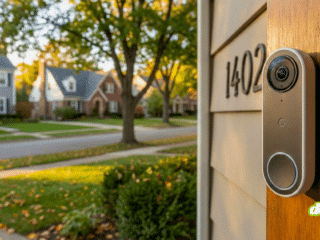 Gros plan sur une sonnette connectée Google Nest installée sur le montant en bois d'une maison dans un quartier résidentiel américain typique.