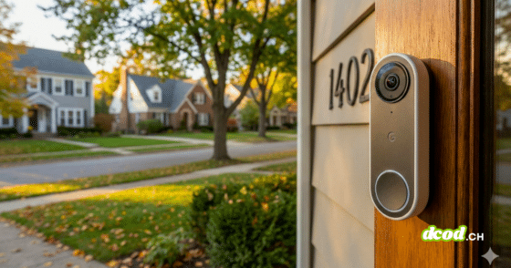 Gros plan sur une sonnette connectée Google Nest installée sur le montant en bois d'une maison dans un quartier résidentiel américain typique.