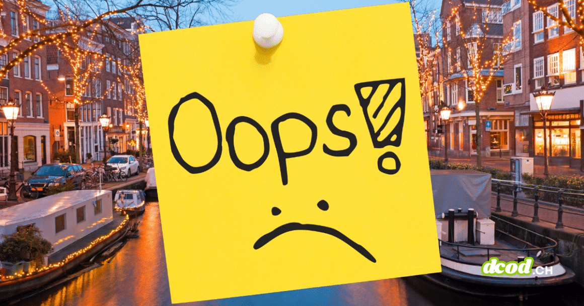 Image symbolique d'une erreur judiciaire aux Pays-Bas : un message "Oops!" sur fond de paysage urbain néerlandais, pour illustrer l'affaire des données confidentielles reçues par erreur.