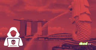 Illustration d'une cyberattaque à Singapour : icône de pirate informatique sur fond des monuments emblématiques de la ville sous un filtre rouge pour le média DCOD.