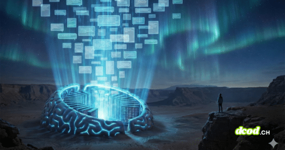 Fuite massive : Une IA expose 300 millions de messages privés. Illustration conceptuelle montrant un cerveau numérique géant dans un désert nocturne projetant une multitude de bulles de messages vers le ciel sous une aurore boréale.