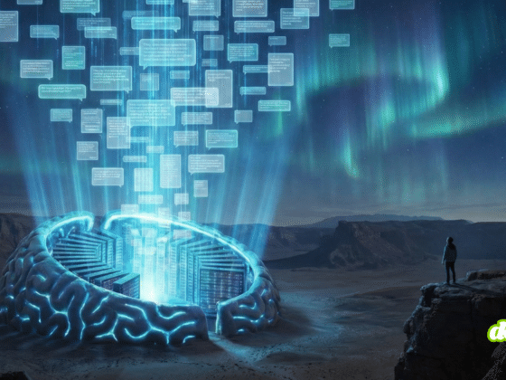 Fuite massive : Une IA expose 300 millions de messages privés. Illustration conceptuelle montrant un cerveau numérique géant dans un désert nocturne projetant une multitude de bulles de messages vers le ciel sous une aurore boréale.