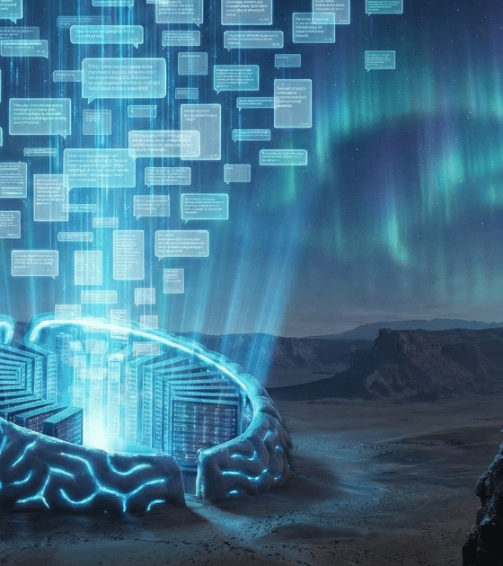 Fuite massive : Une IA expose 300 millions de messages privés. Illustration conceptuelle montrant un cerveau numérique géant dans un désert nocturne projetant une multitude de bulles de messages vers le ciel sous une aurore boréale.