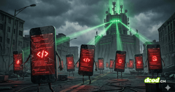 Cette image saisissante illustre une armée de smartphones "zombies", leurs écrans craquelés affichant des lignes de code malveillantes, marchant sous le contrôle d'une tour d'émission imposante.