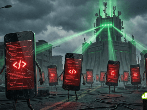 Cette image saisissante illustre une armée de smartphones "zombies", leurs écrans craquelés affichant des lignes de code malveillantes, marchant sous le contrôle d'une tour d'émission imposante.